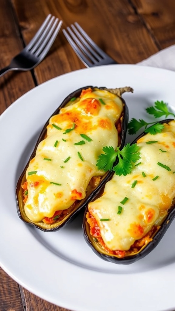 Stuffed eggplants with melted cheese and colorful filling, garnished with parsley on a rustic table.